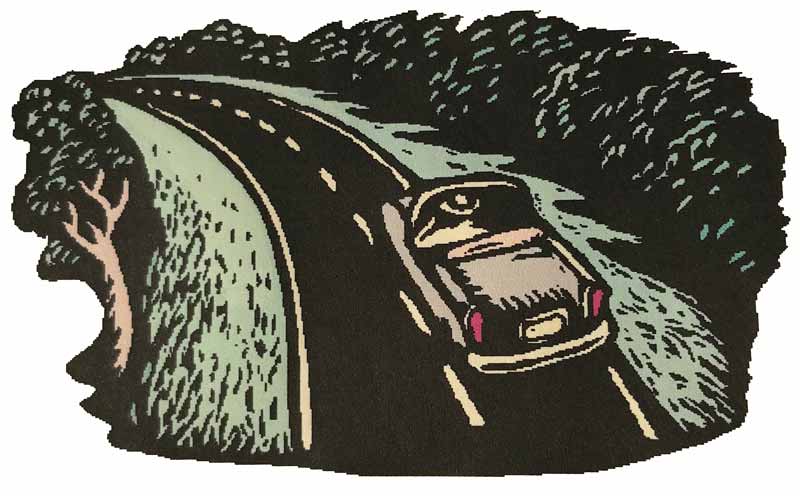 Cartoon convertible driving a narrow 2-lane road